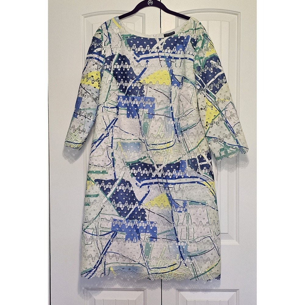 Doncaster Collection Shift Dress Womens 16 White Multi Abstract Eyelet Lace 3/4